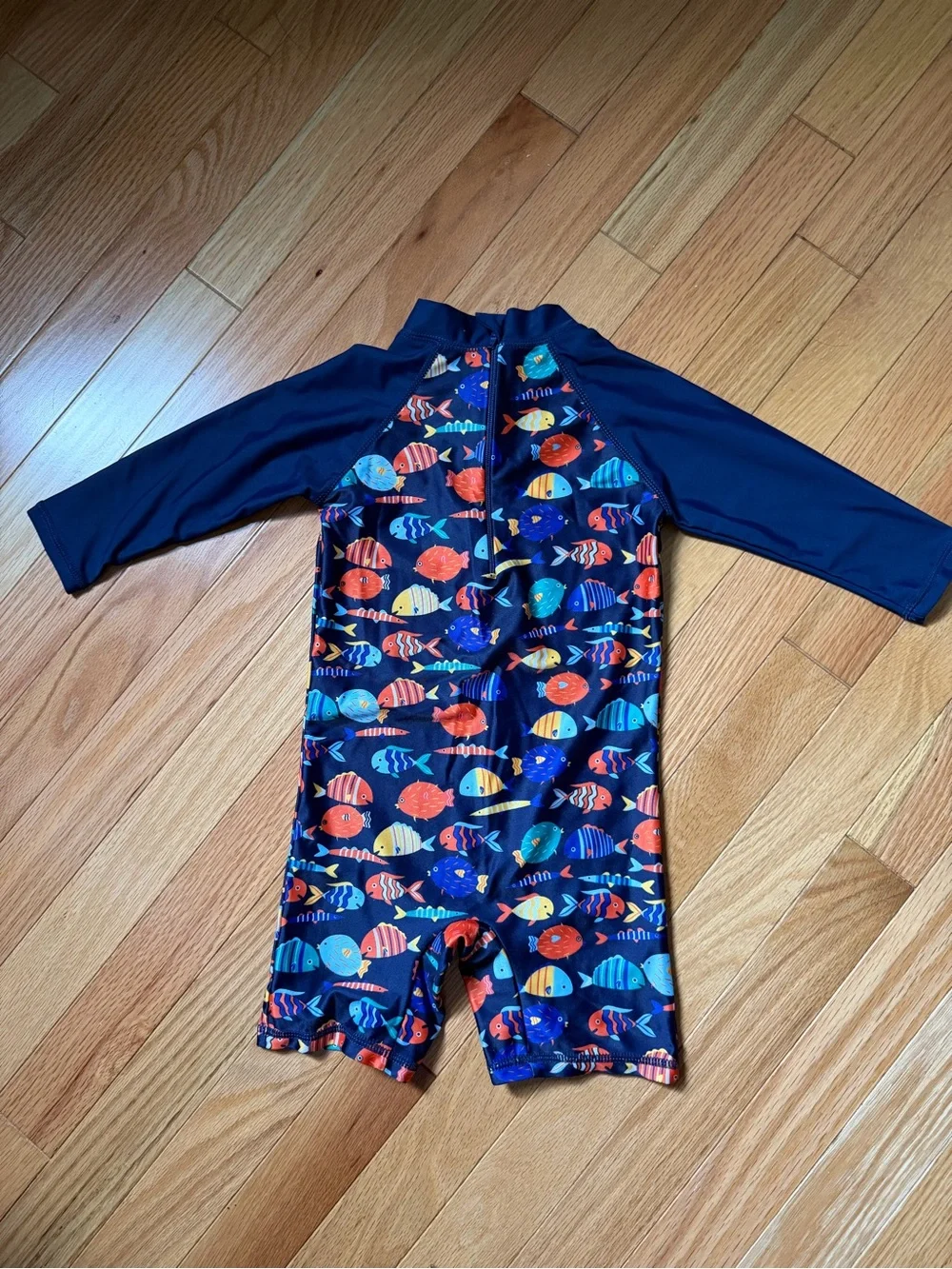 Kids Navy Blue Fish Print Long Sleeve Rash Guard Suit with hat